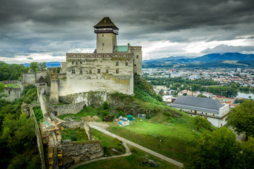 Obraz premium Aerial panorama view of Trencin castle with medieval donjon in Slovakia above the Vah river