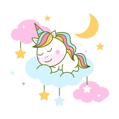 Obraz na płótnie Canvas Cute unicorn sleeping on cloud vector illustration isolated background