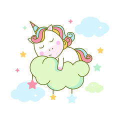 Cute unicorn sleeping on cloud vector illustration isolated background