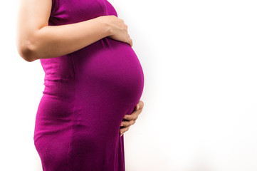 Belly pregnant woman on white background