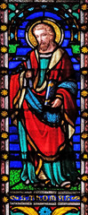 Fototapeta na wymiar Saint Thomas the Apostle, stained glass window in the San Michele in Foro church in Lucca, Tuscany, Italy