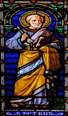 Fototapeta premium Saint Peter the Apostle, stained glass window in the San Michele in Foro church in Lucca, Tuscany, Italy 