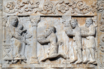 Birth of Jesus, Adoration of the Magi, medieval relief on the facade of Basilica of San Zeno in Verona, Italy