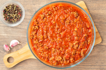 Potato casserole with minced meat and tomato sauce. 