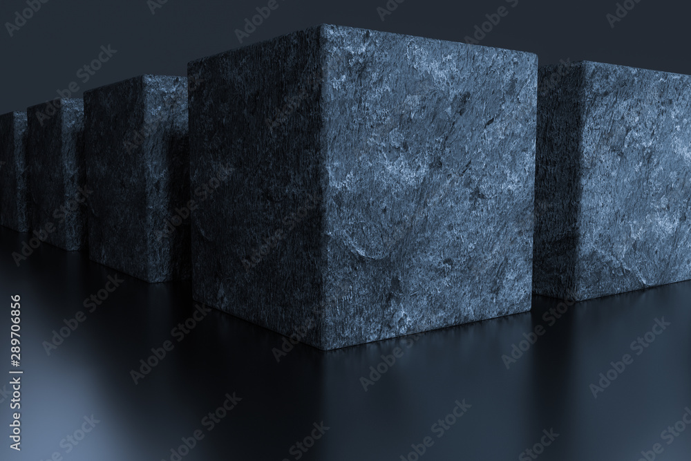 Poster dark cubes randomly distributed in the air, 3d rendering.
