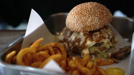 Swiss beef mushroom cheese burger curly fires