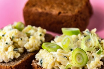 Toast with cheese spread, bread.