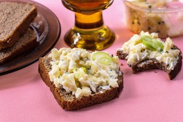 Cheese spred, bread and bowl.