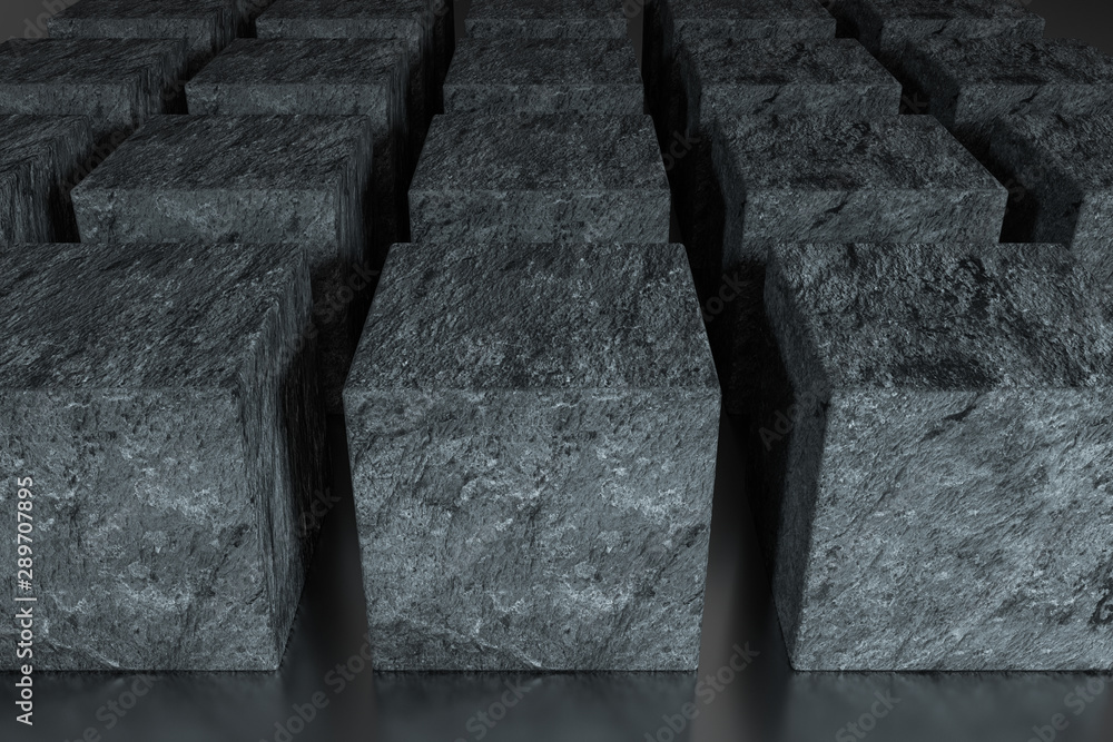Poster dark cubes randomly distributed in the air, 3d rendering.