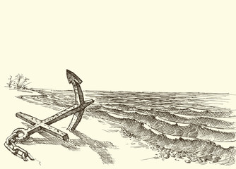 Old anchor in the sand on an empty beach vector drawing © Danussa