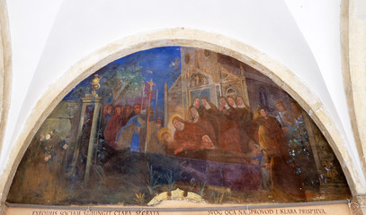 Fresco with scenes from the life of St. Francis of Assisi, cloister of the Franciscan monastery of the Friars Minor in Dubrovnik, Croatia 
