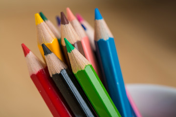 Group of colorful pencils close up. Education and arts tools