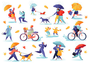 Collection of flat people characters walking under umbrella on autumn rainy day. Active people in the park. Autumn outdoor. Crowd of tiny men and women under rain or rainfall. Early warm autumn.