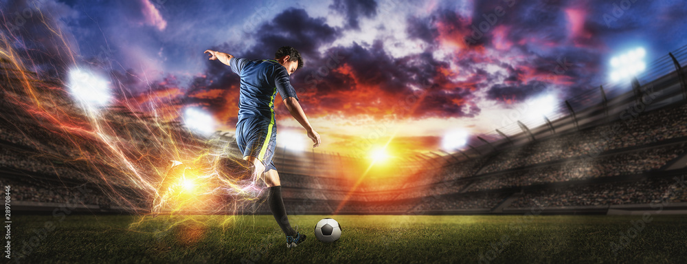 Wall mural soccer players in action on sunset stadium background