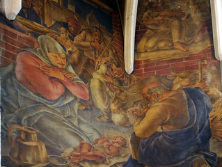 Fototapeta na wymiar Birth of Jesus, fresco in the church of St. Mark in Zagreb, Croatia 