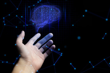 human hand holding with floating of electric ai digital data robot system holographic brain process in man meet technology network innovation revolution concept