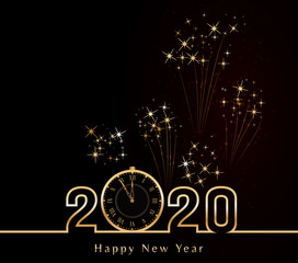 2020 Happy New Year black background with golden numbers, vintage clock and fireworks. End of the year. Holiday banner, poster, greeting card or invitation template. Copy space