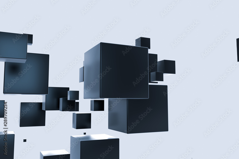 Poster dark cubes randomly distributed in the air, 3d rendering.