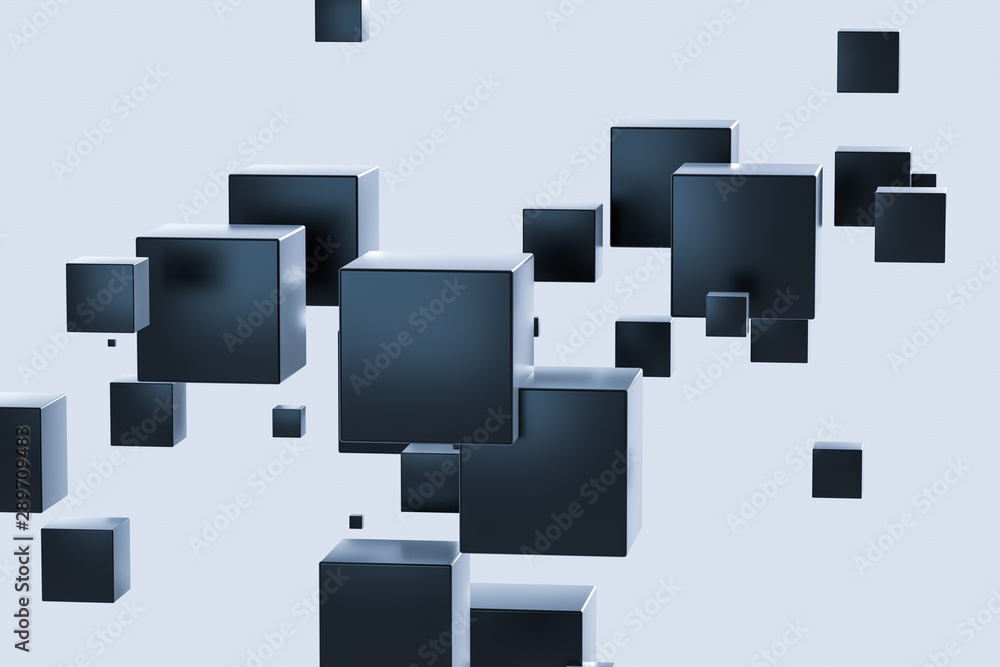 Poster dark cubes randomly distributed in the air, 3d rendering.