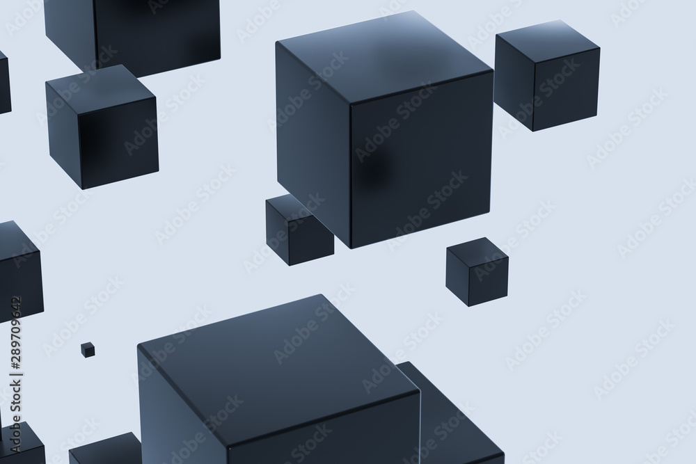 Poster dark cubes randomly distributed in the air, 3d rendering.