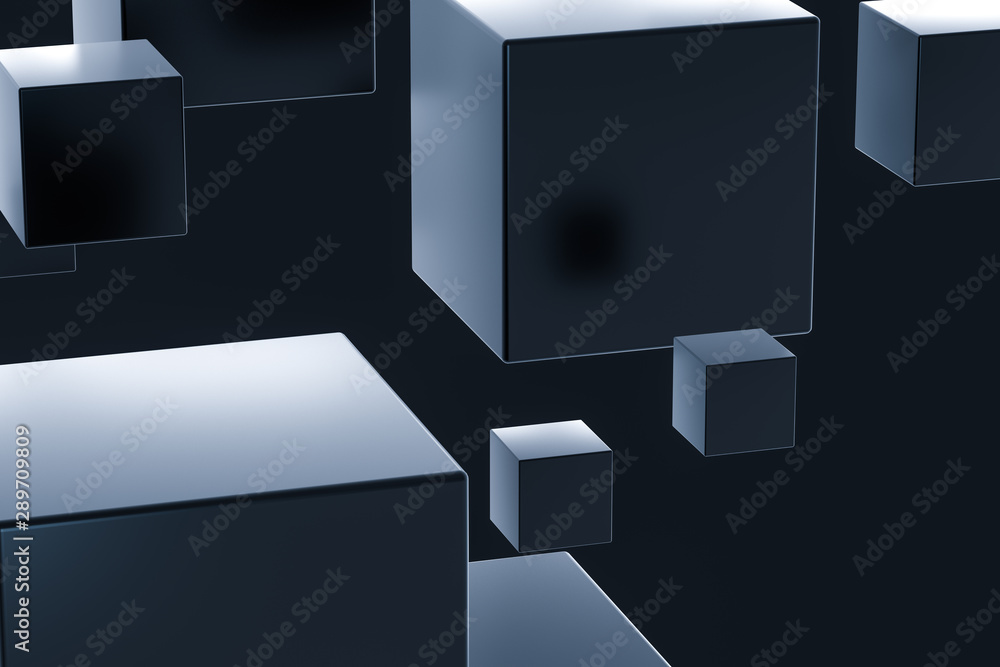 Poster dark cubes randomly distributed in the air, 3d rendering.