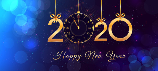 Happy New Year 2020 abstract blue background with bokeh effect, text design with hanging golden numbers, ribbon bows and gold clock with beams of light. Magic holiday banner, poster, greeting card