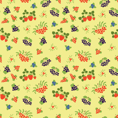 Fashion seamless pattern. Mountain ash, strawberry, blueberry, red currant, rowan and black chokeberry. Berry print. Textile design. Healthy vegan food menu background. Hand drawn vector doodle sketch