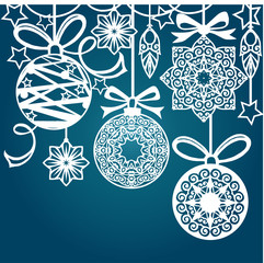 Template for design Christmas card, invitation.  Laser cutting . Set of Modern Christmas balls for wood carving, paper cutting and christmas decorations.