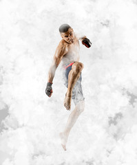 MMA male fighter. White smoke background