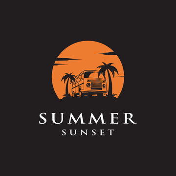 Summer car logo template. Summer car retro badge. Beach sunset emblem vintage background. 