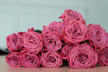 Beautiful bouquet of pink roses on blue background. Closeup. Selective focus. Love, Valentines day, romance, retro