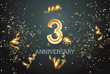 Golden numbers, 3 years anniversary celebration on dark background and confetti. celebration template, flyer. 3D illustration, 3D rendering - obrazy, fototapety, plakaty