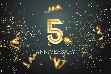 Golden numbers, 5 years anniversary celebration on dark background and confetti. celebration template, flyer. 3D illustration, 3D rendering
