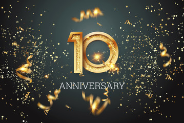 Golden numbers, 10 years anniversary celebration on dark background and confetti. celebration template, flyer. 3D illustration, 3D rendering - obrazy, fototapety, plakaty