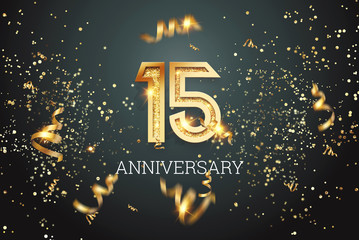 Golden numbers, 15 years anniversary celebration on dark background and confetti. celebration template, flyer. 3D illustration, 3D rendering - obrazy, fototapety, plakaty