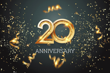 Golden numbers, 20 years anniversary celebration on dark background and confetti. celebration template, flyer. 3D illustration, 3D rendering