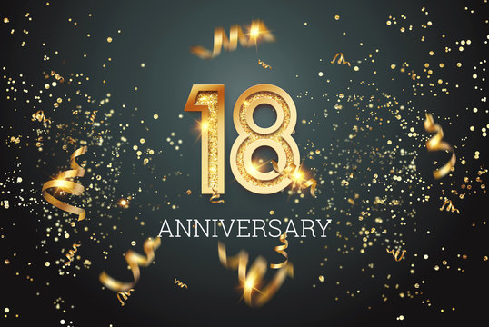 Golden numbers, 18 years anniversary, adulthood on a dark background and confetti. celebration template, flyer. 3D illustration, 3D rendering.