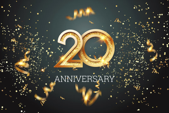 Golden numbers, 20 years anniversary celebration on dark background and confetti. celebration template, flyer. 3D illustration, 3D rendering