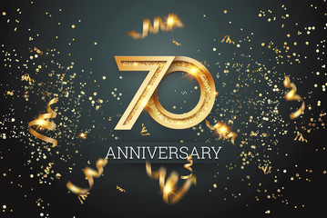 Golden numbers, 70 years anniversary celebration on dark background and confetti. celebration template, flyer. 3D illustration, 3D rendering - obrazy, fototapety, plakaty