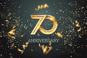 Deurstickers Golden numbers, 70 years anniversary celebration on dark background and confetti. celebration template, flyer. 3D illustration, 3D rendering © Aliaksandr Marko