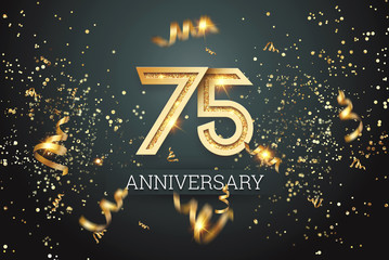 Golden numbers, 75 years anniversary celebration on dark background and confetti. celebration template, flyer. 3D illustration, 3D rendering - obrazy, fototapety, plakaty