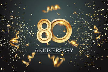 Golden numbers, 80 years anniversary celebration on dark background and confetti. celebration template, flyer. 3D illustration, 3D rendering