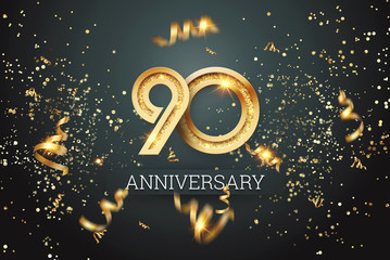 Golden numbers, 90 years anniversary celebration on dark background and confetti. celebration template, flyer. 3D illustration, 3D rendering