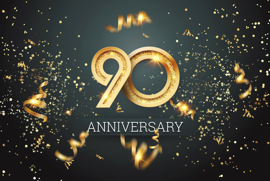 Golden numbers, 90 years anniversary celebration on dark background and confetti. celebration template, flyer. 3D illustration, 3D rendering