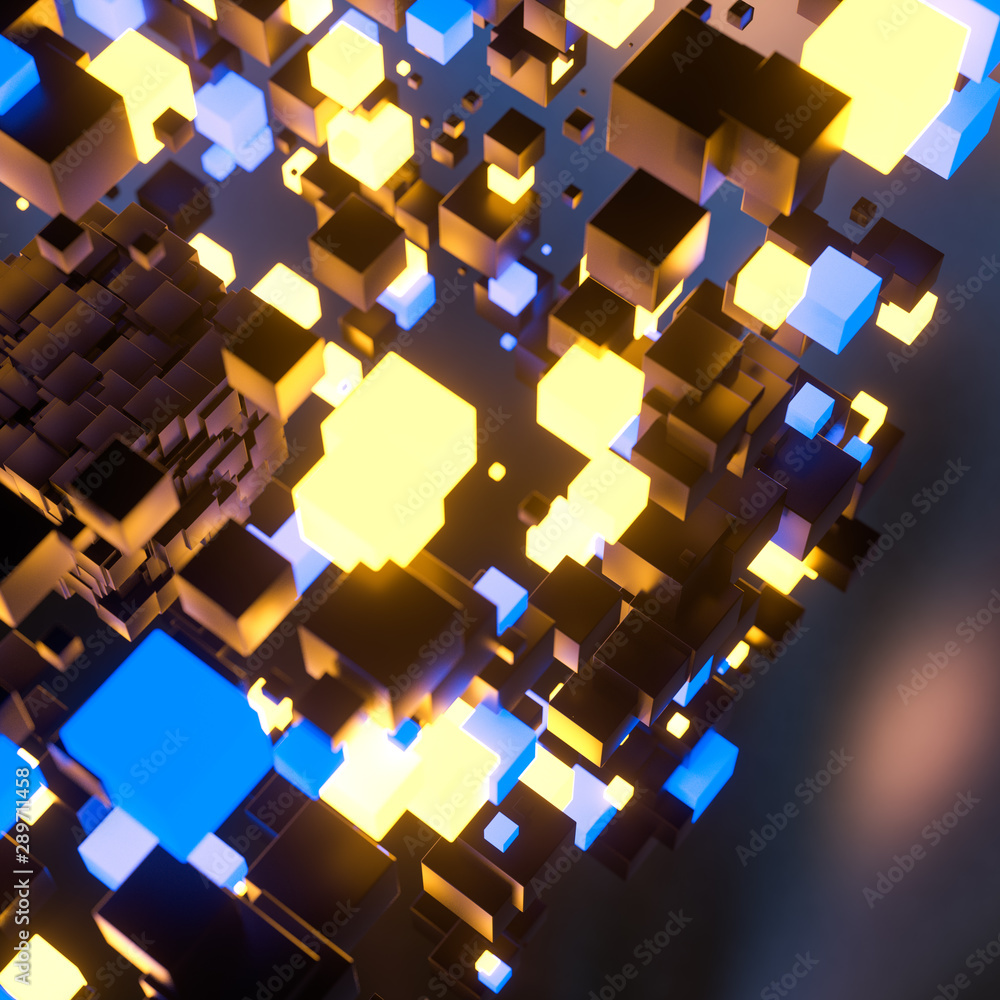 Aufkleber dark cubes randomly distributed in the air, 3d rendering.