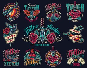 Vintage tattoo studio colorful prints
