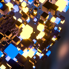 Dark cubes randomly distributed in the air, 3d rendering.