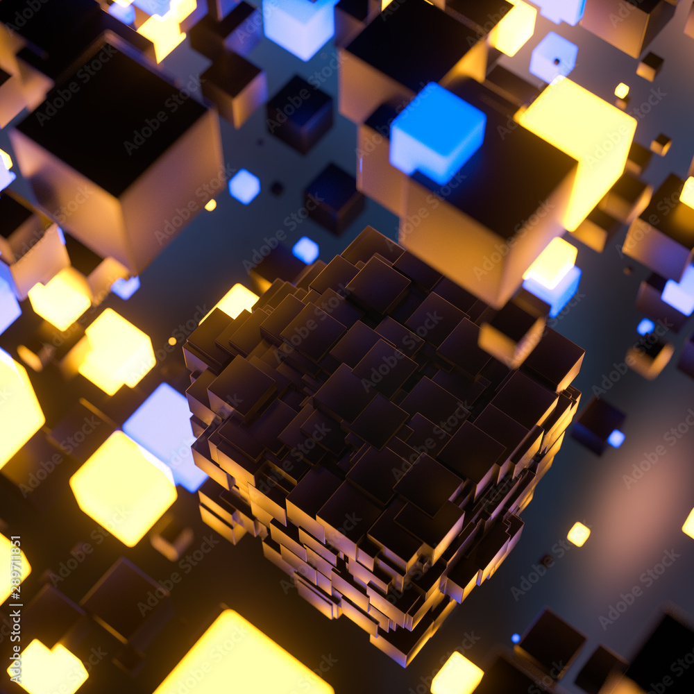 Aufkleber dark cubes randomly distributed in the air, 3d rendering.