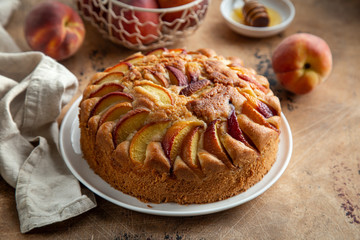 peach cake  on wooden table