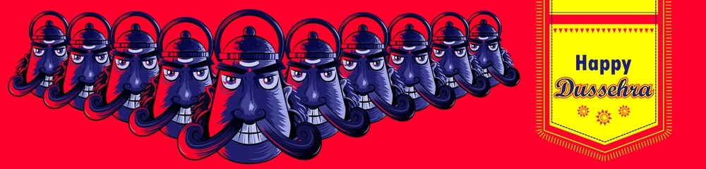 Happy Dussehra festival celebration background with funny face of Demon Ravana with his ten heads on ornament wooden effect background.can be used greeting cards design.